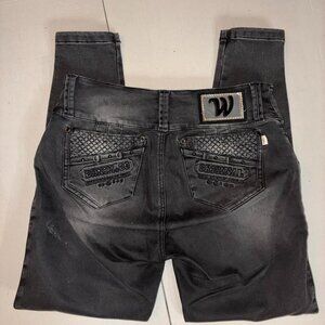 Black straight leg jeans with embellished back pockets